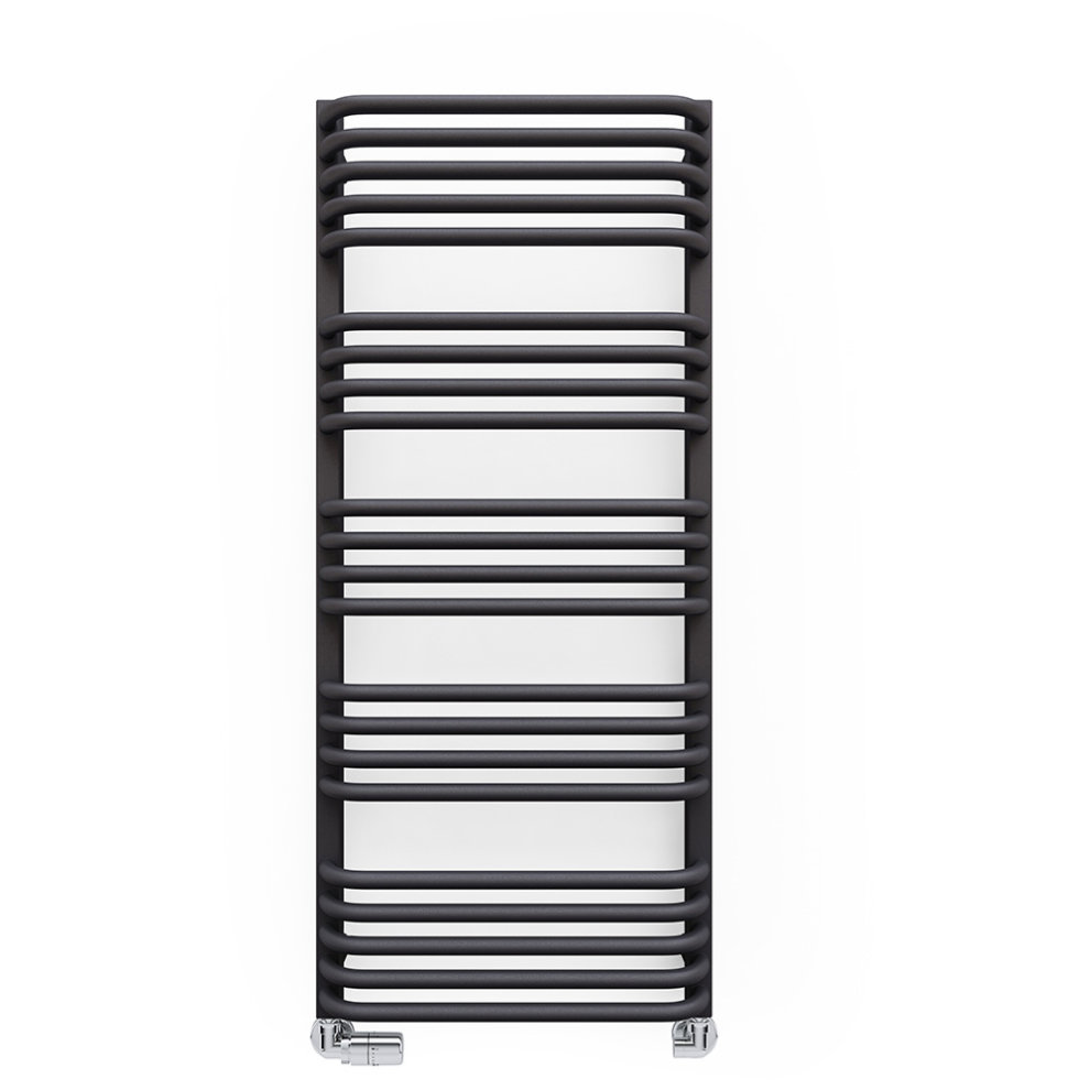 Modern grey Terma heated towel rail, model Alex 1140/500, featuring sleek, curved bars and chrome fittings for a contemporary bathroom aesthetic.