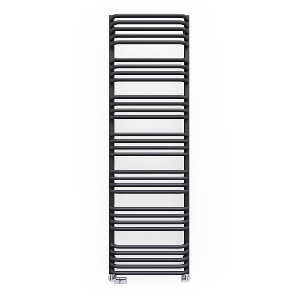 Modern grey towel warmer by Terma, featuring a sleek design with horizontal bars, measuring 500mm wide and 1580mm high, finished in a matte grey color.