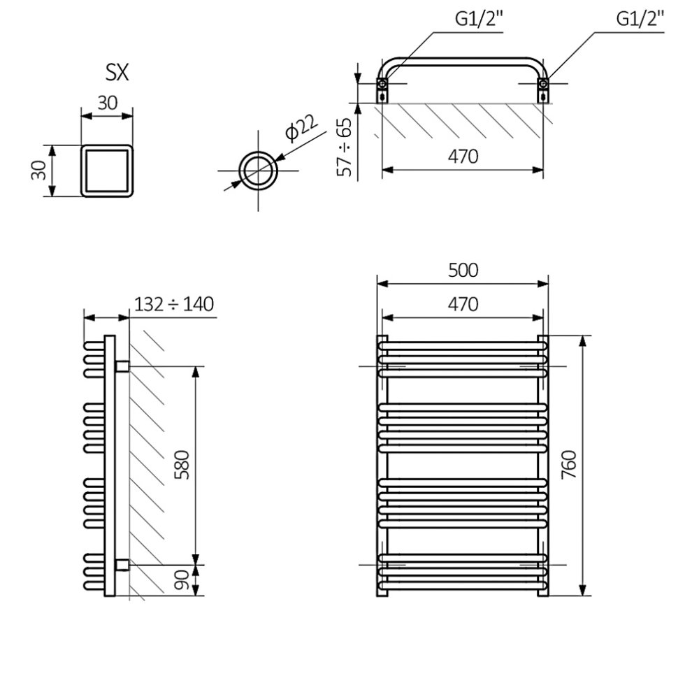Terma Alex Heated Towel Rail Modern Grey 760 x 500mm 412W - image 4