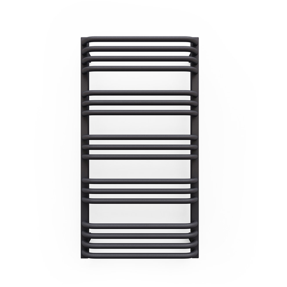 Modern grey Terma heated towel rail, Alex 760/500, featuring a sleek design with multiple horizontal bars for hanging towels, made from durable material.