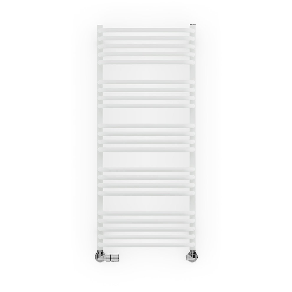 Terma Alex heated towel rail in white RAL 9016, featuring a sleek, modern design with horizontal bars and chrome fittings at the bottom.