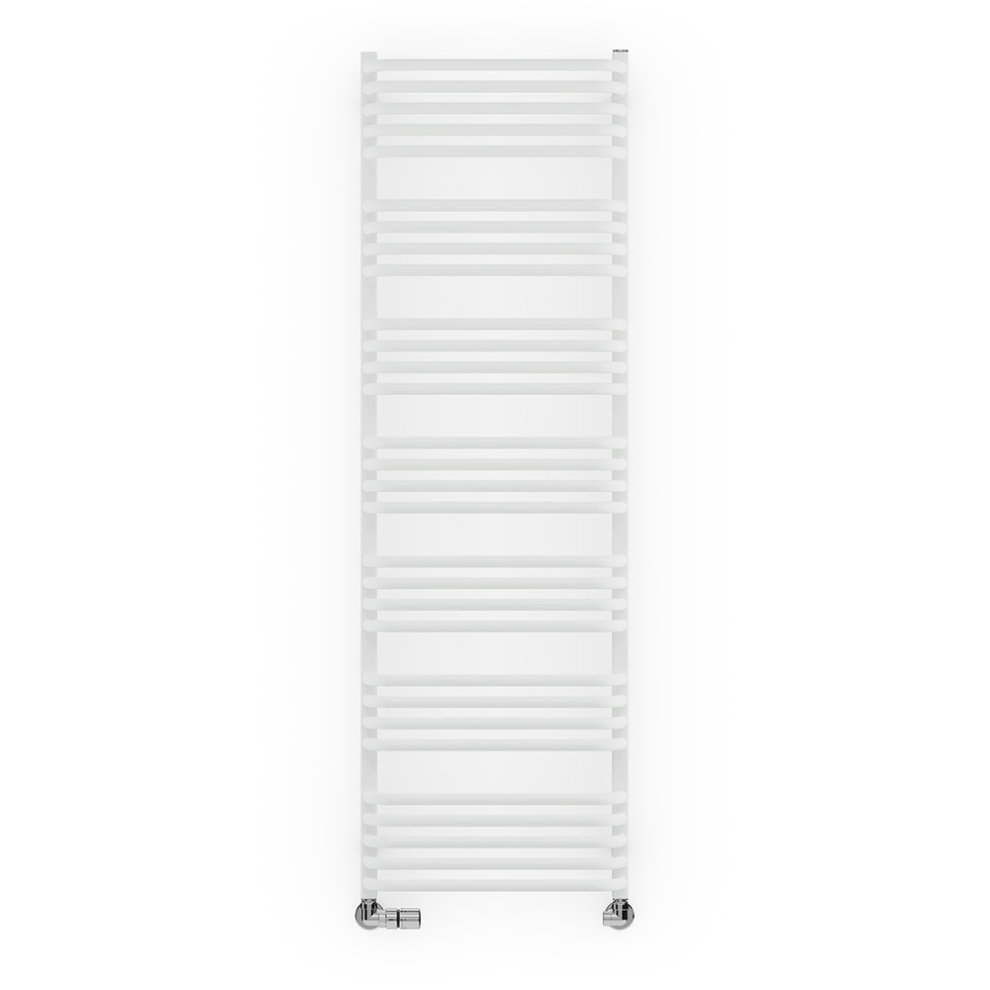 Terma Alex 1580/500 heated towel rail in White RAL 9016, featuring a sleek, modern design with multiple horizontal bars and chrome fittings at the base.