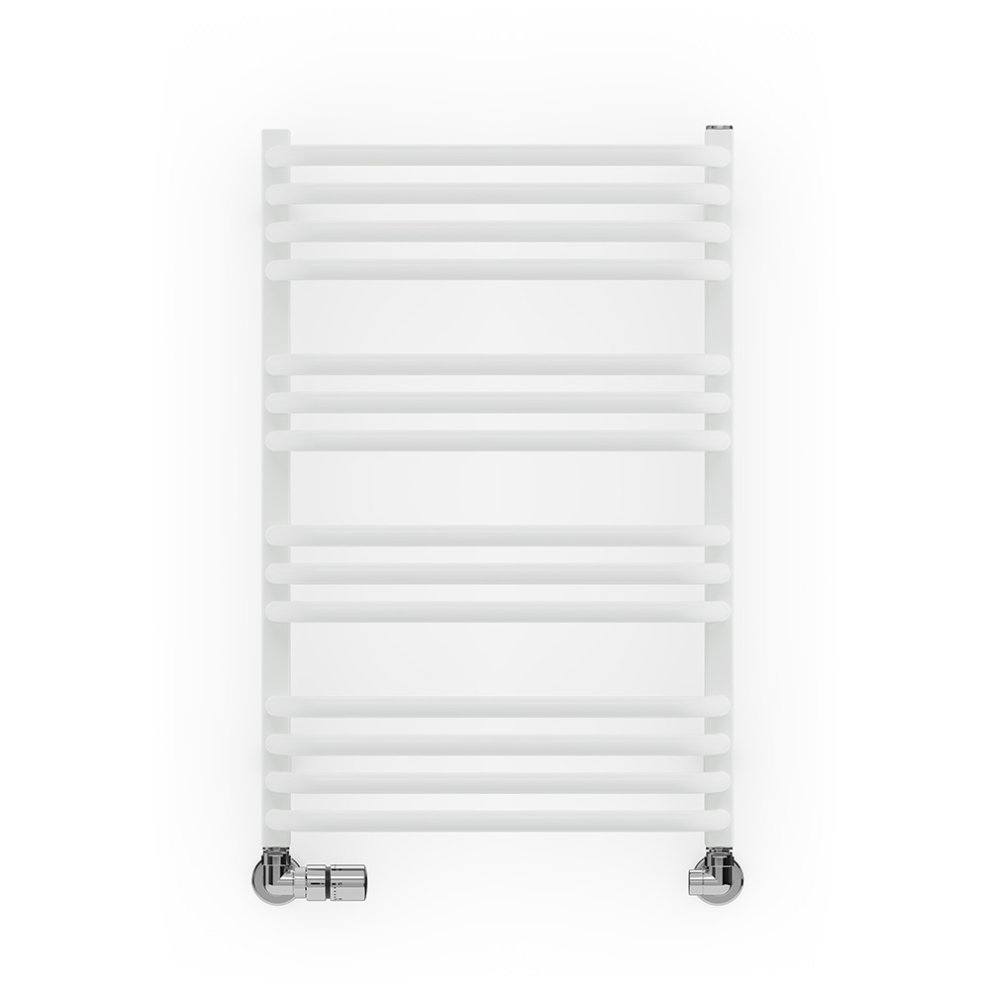 Terma Heated Towel Rail in White RAL 9016, featuring a sleek design with multiple horizontal bars and chrome fittings for modern bathrooms.