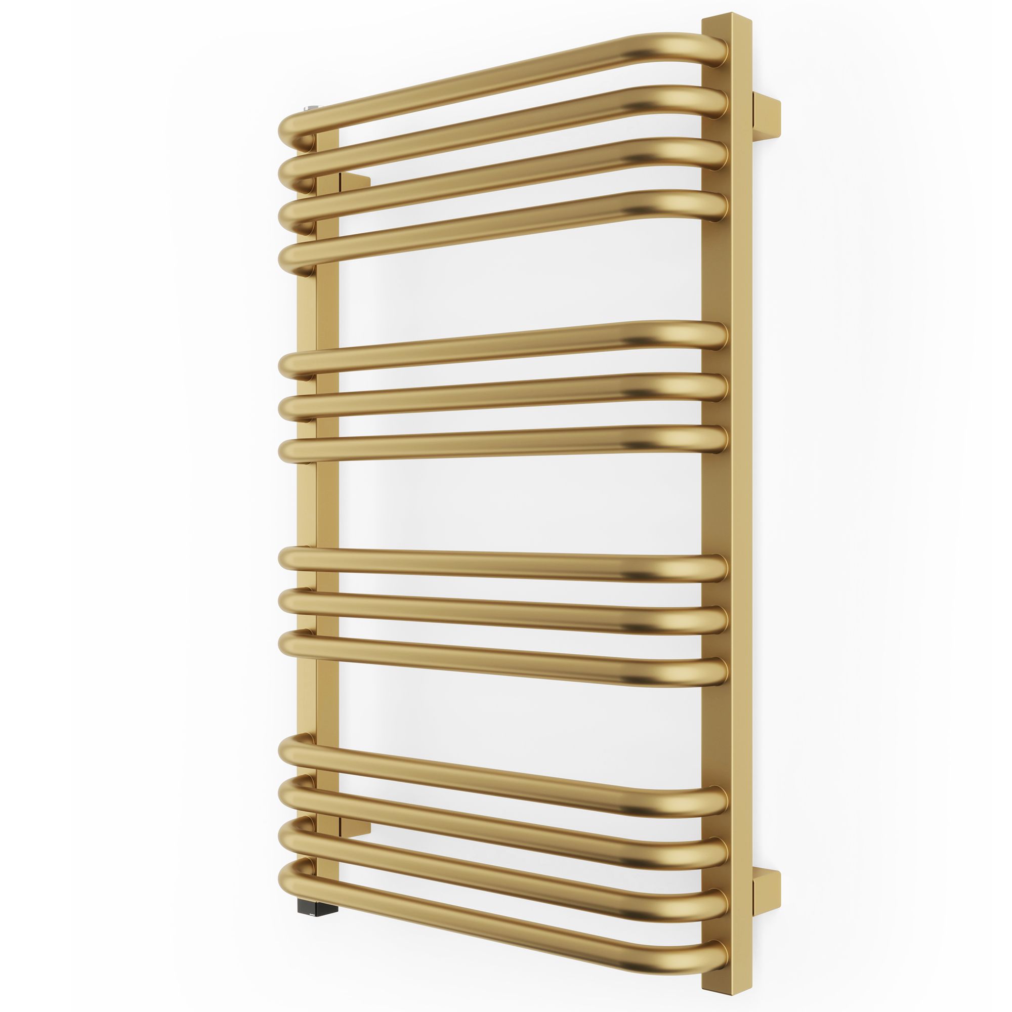 Brass electric towel rail with a sleek brown finish, featuring multiple horizontal bars for hanging towels, designed for modern bathrooms.