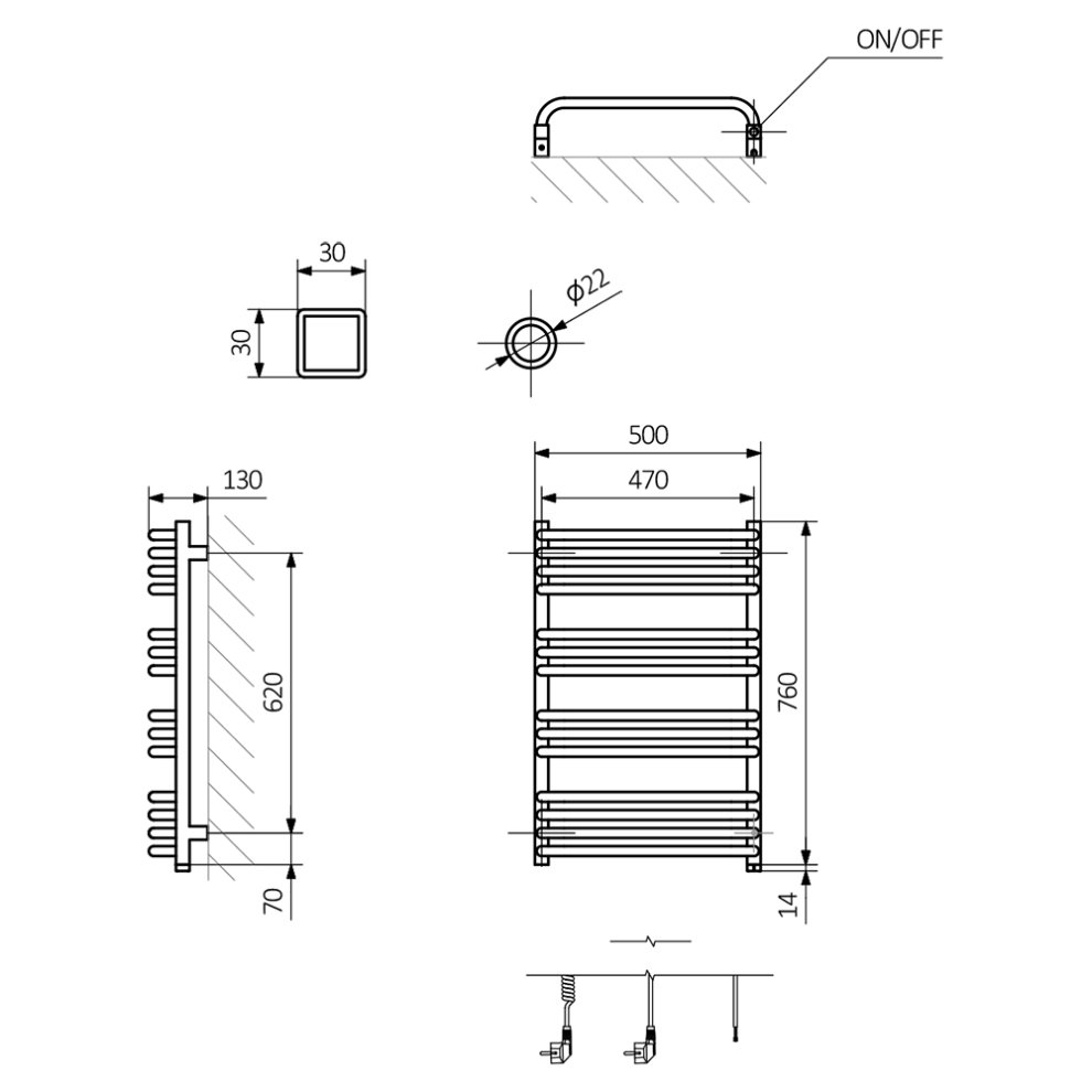 Terma Alex One 1364BTU Modern Grey Electric Towel Rail 760 x 500mm - image 4
