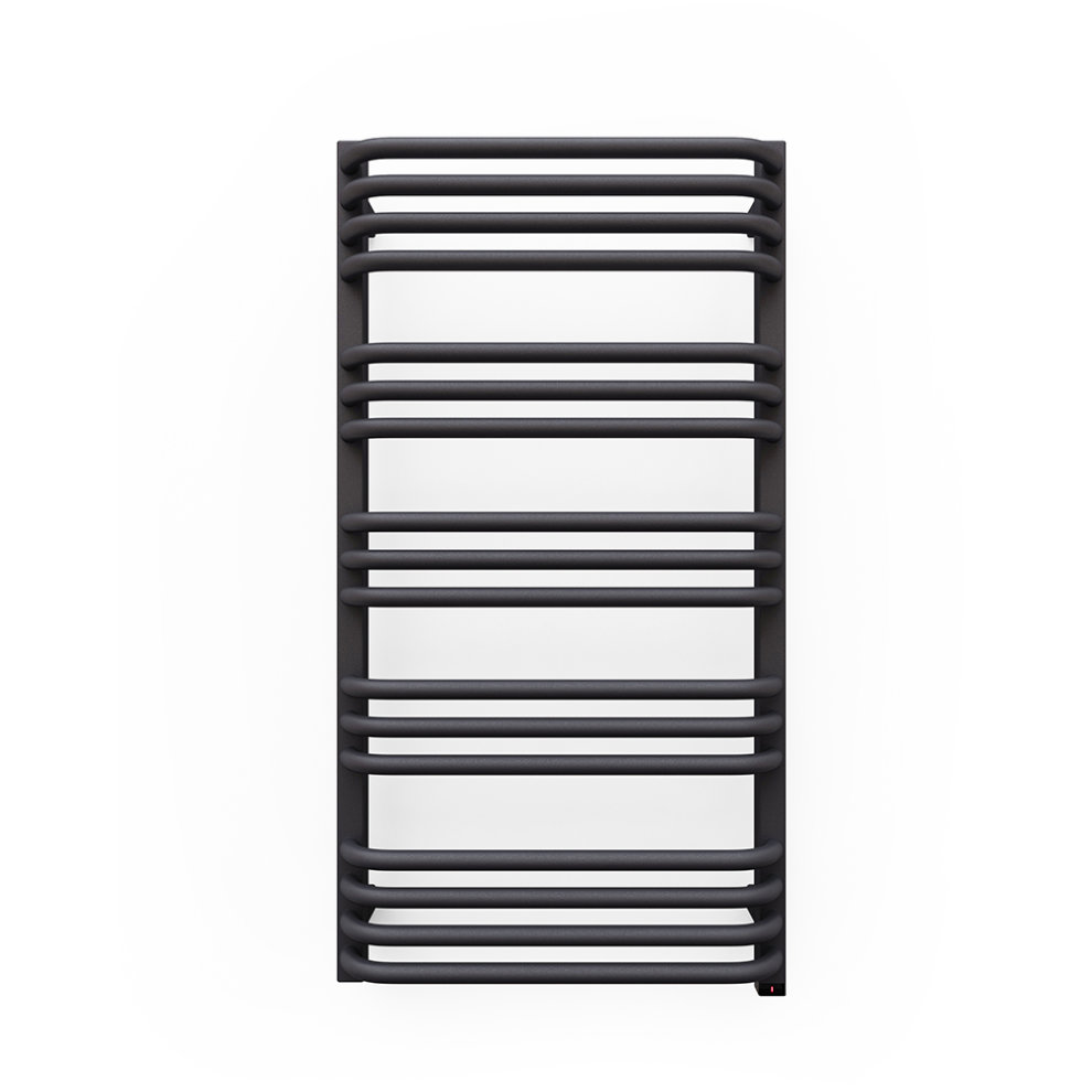 Modern grey electric towel rail with a sleek design, featuring multiple horizontal bars for hanging towels, made from durable material.