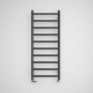 Modern grey Terma heated towel rail, Crystal 1200/500, featuring a sleek design with multiple horizontal bars for hanging towels, made from durable material.