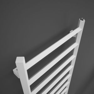 Terma Crystal Soft White Towel Warmer features a sleek, modern design with a soft white finish, measuring 500mm wide by 1200mm high, and multiple horizontal bars for towel drying.