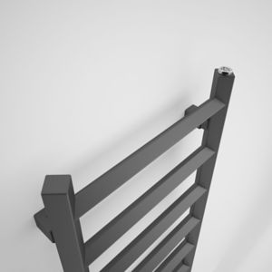 Modern grey Terma heated towel rail with sleek rectangular bars, featuring a minimalist design and a polished top connection for easy wall mounting.