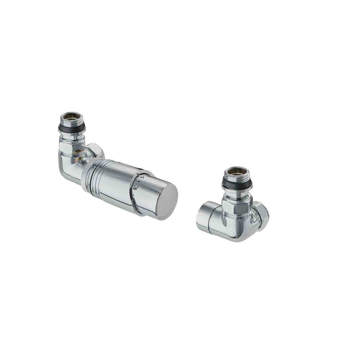 Chrome thermostatic valve set featuring a cylindrical design, with a left or right-sided 3-axis corner TRV and locksh, showcasing a sleek silver finish.