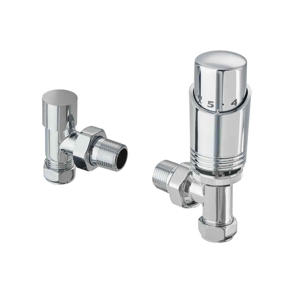 Chrome thermostatic accessory valves with a cylindrical design, featuring angled connections and a locksh set, available for left or right-sided installation.