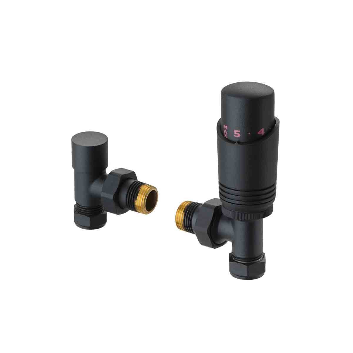 Terma cylindrical thermostatic accessory valves in matte textured black, featuring angled design, left or right-sided options, and a lockset with gold-tone fittings.