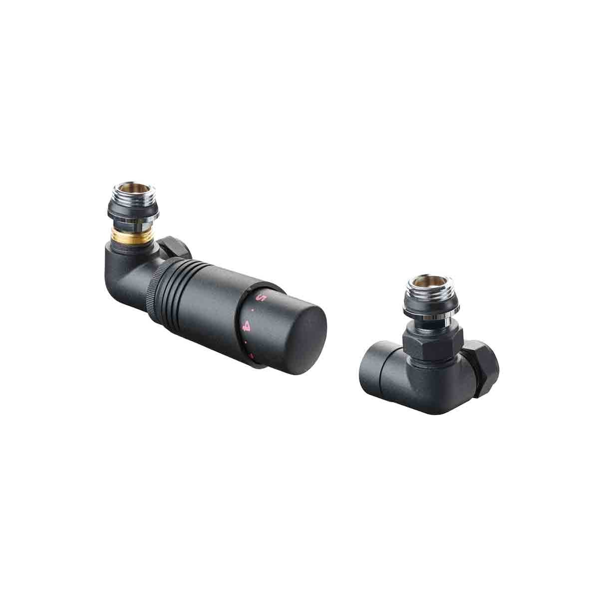 Terma cylindrical thermostatic valve set in matte textured black, featuring a 3-axis corner design with left or right side options and a locksh feature.