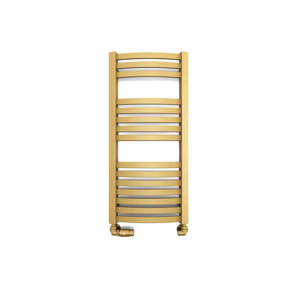 Brass heated towel rail with a brown finish, featuring a sleek, modern design with horizontal bars and rounded ends for efficient towel drying.