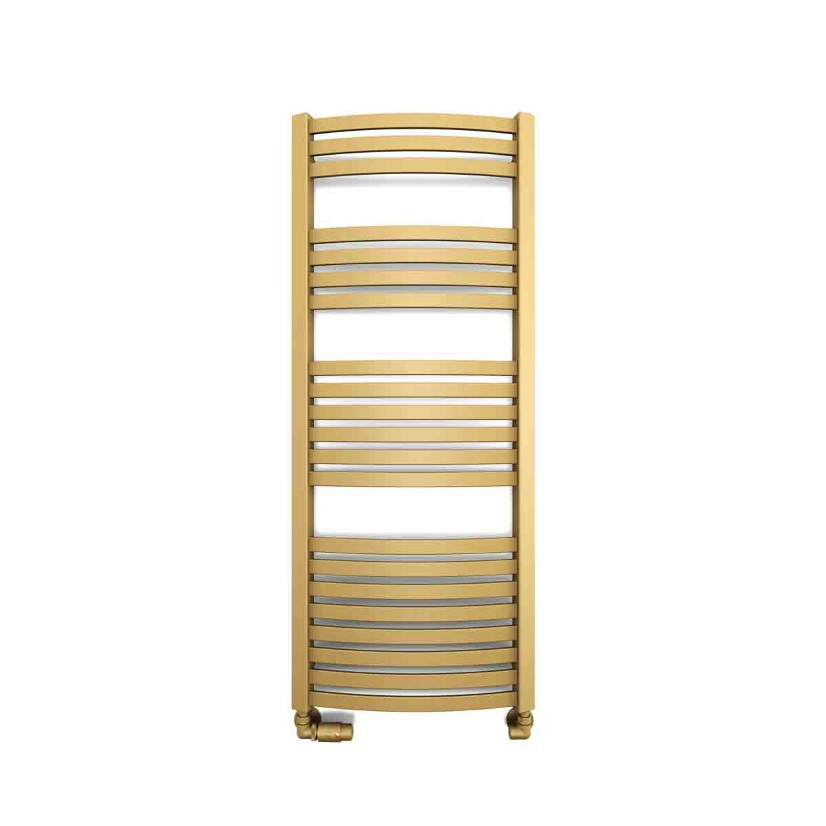 Terma Dexter heated towel rail in brass finish, featuring a sleek, modern design with horizontal bars and a brown hue, ideal for warming towels in a stylish bathroom.
