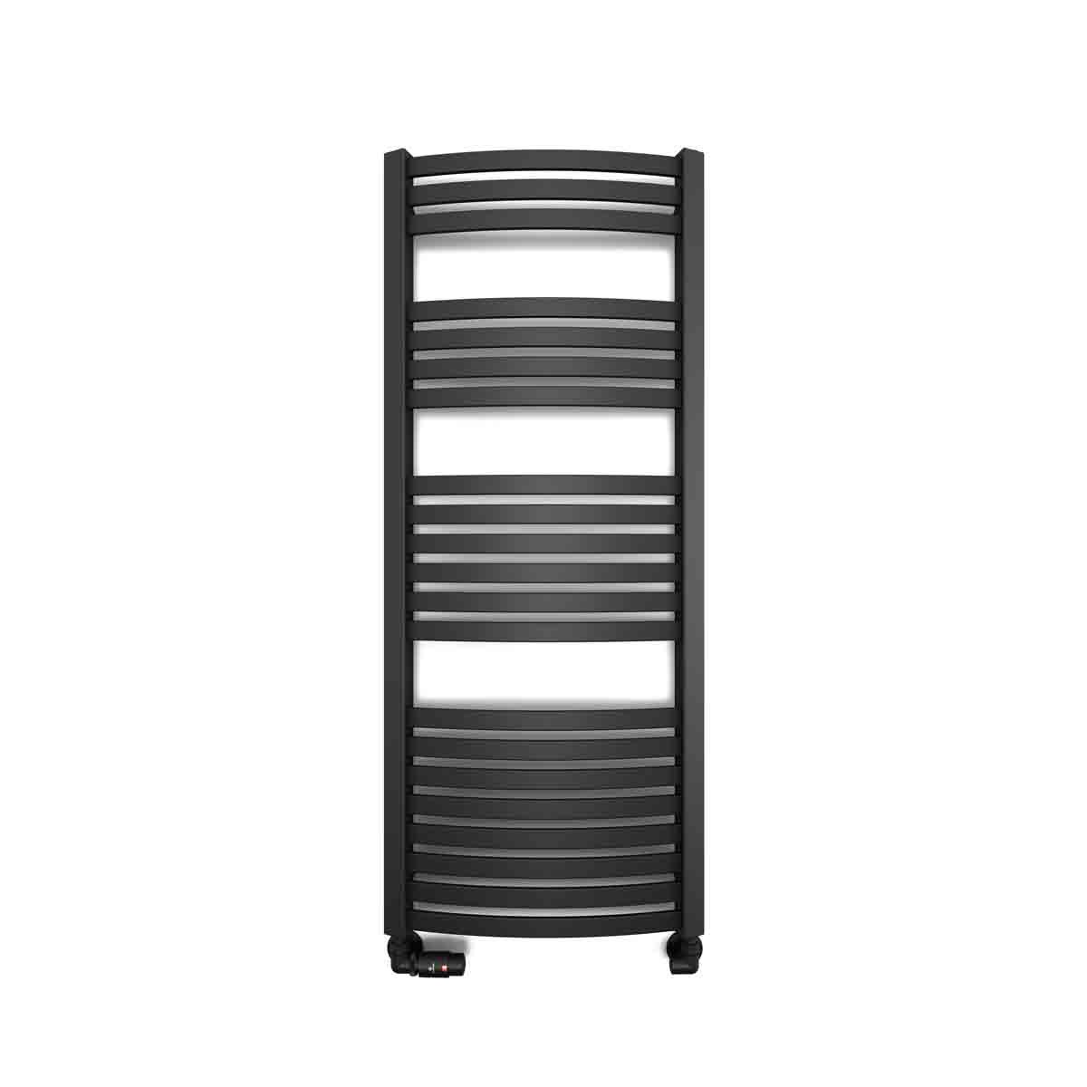 Terma Heated Towel Rail in RAL 9005 matte black, featuring a sleek vertical design with multiple horizontal bars for towel drying and heating, made of durable metal.