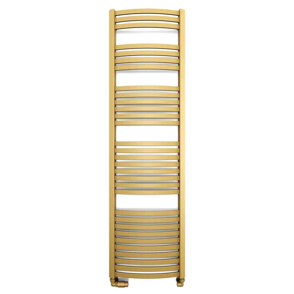 Terma Heated Towel Rail in brass finish, featuring a sleek, vertical design with multiple horizontal bars, and a rich brown color, ideal for modern bathrooms.