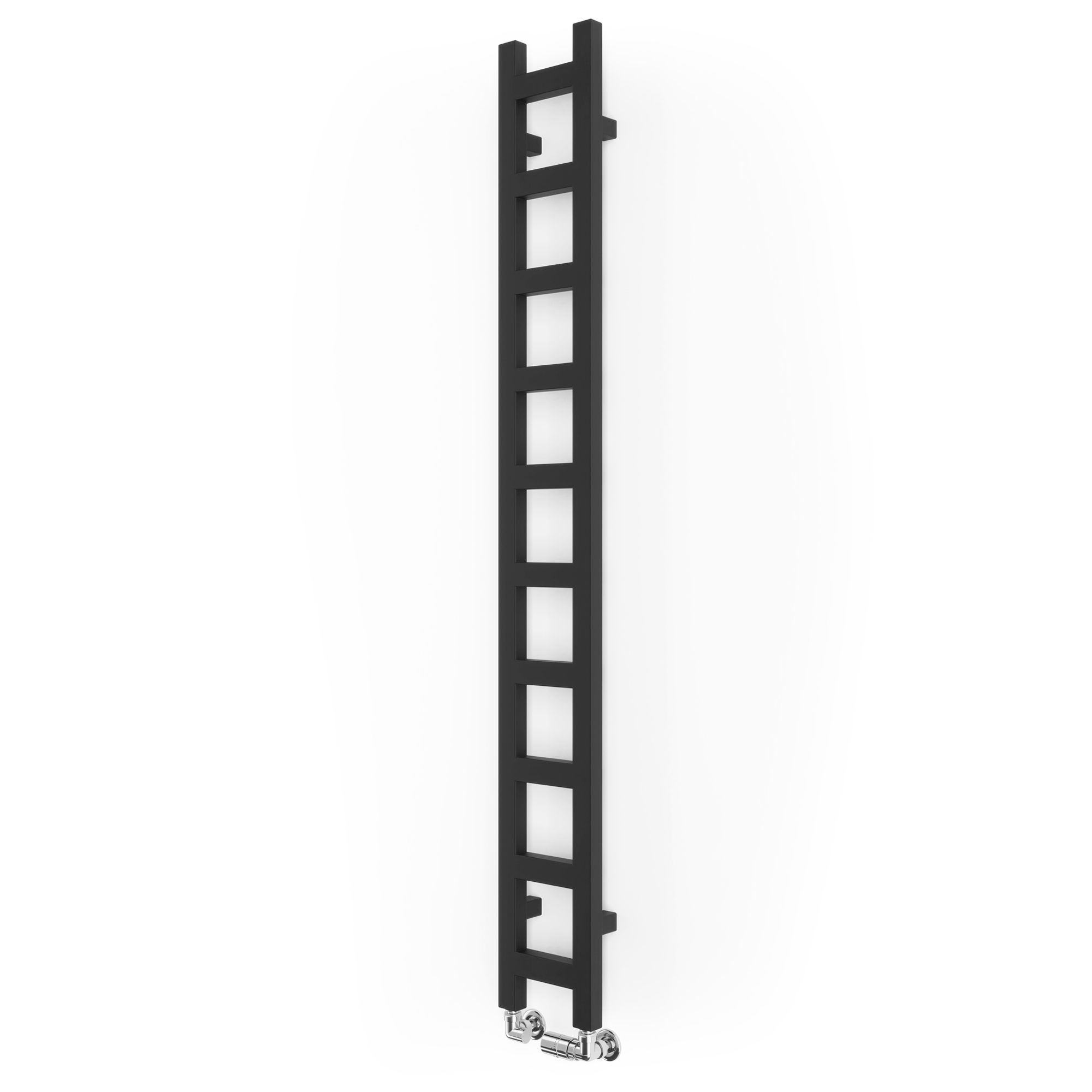 Terma Easy Matt Black Heated Towel Rail, measuring 1600 x 200mm, features a sleek matte black finish with a modern, vertical design and multiple horizontal bars for towel hanging.