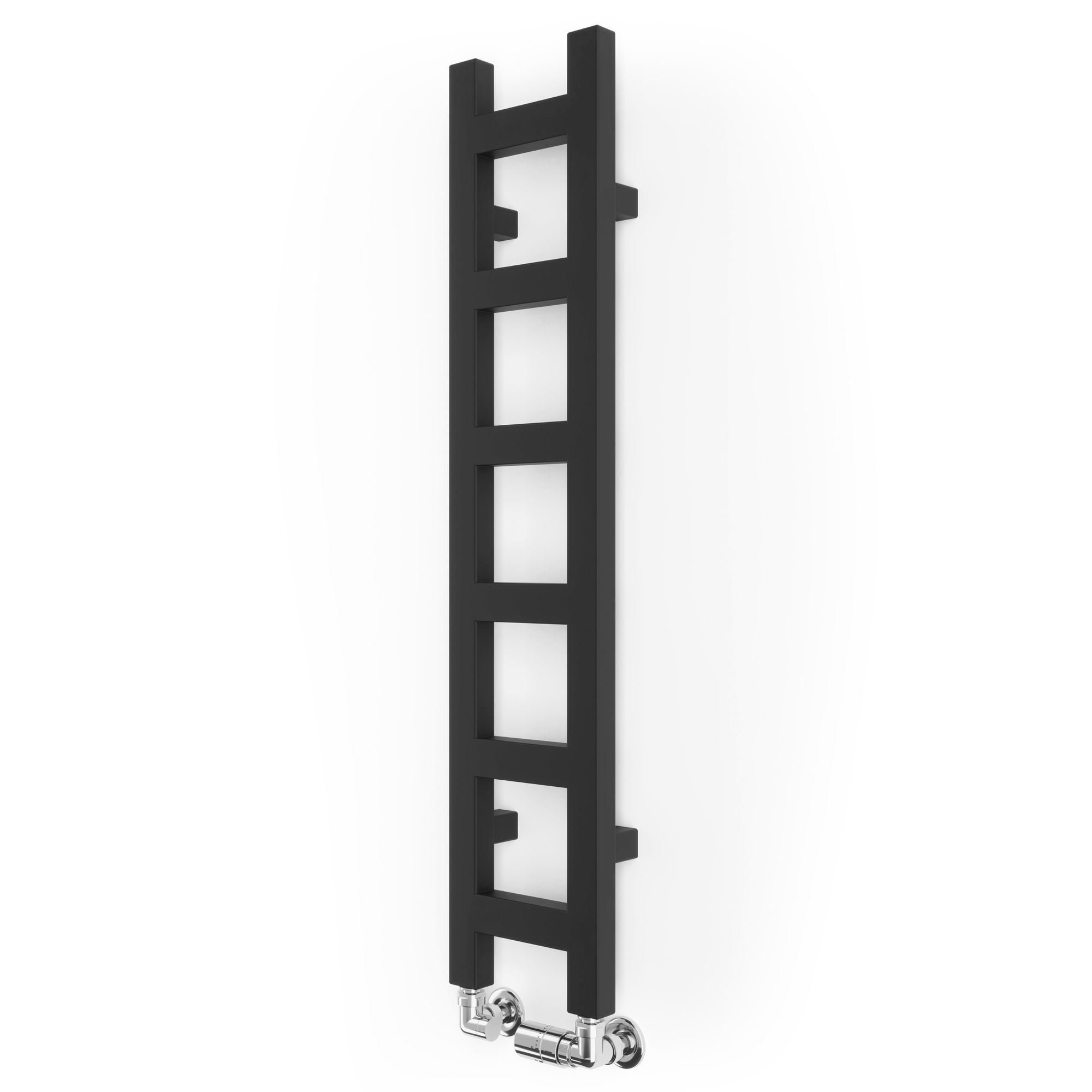 Terma Easy Matt Black Heated Towel Rail features a sleek, modern design in matte black, measuring 960 x 200mm, with chrome fittings for easy installation.