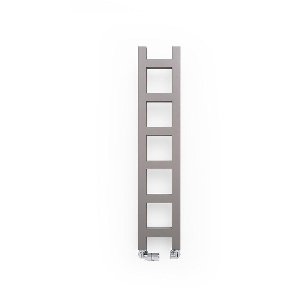 Terma Heated Towel Rail in Sparkling Gravel grey, featuring a sleek ladder design with five horizontal bars and chrome fittings at the bottom.
