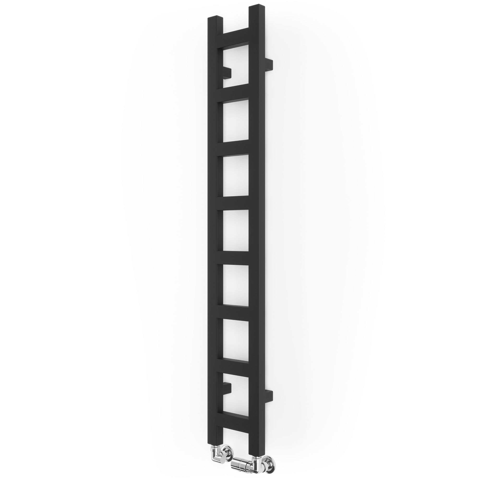 Sleek black flat towel warmer with a modern design, featuring a vertical arrangement of rectangular bars and chrome fittings at the bottom for easy installation.