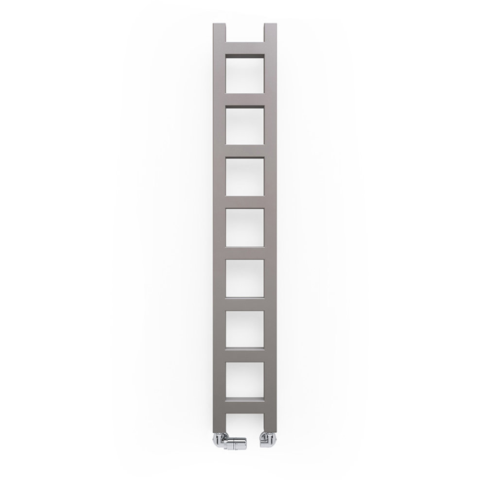 Terma Heated Towel Rail in Sparkling Gravel, featuring a sleek vertical design with rectangular cutouts, made of durable metal with chrome accents at the bottom.