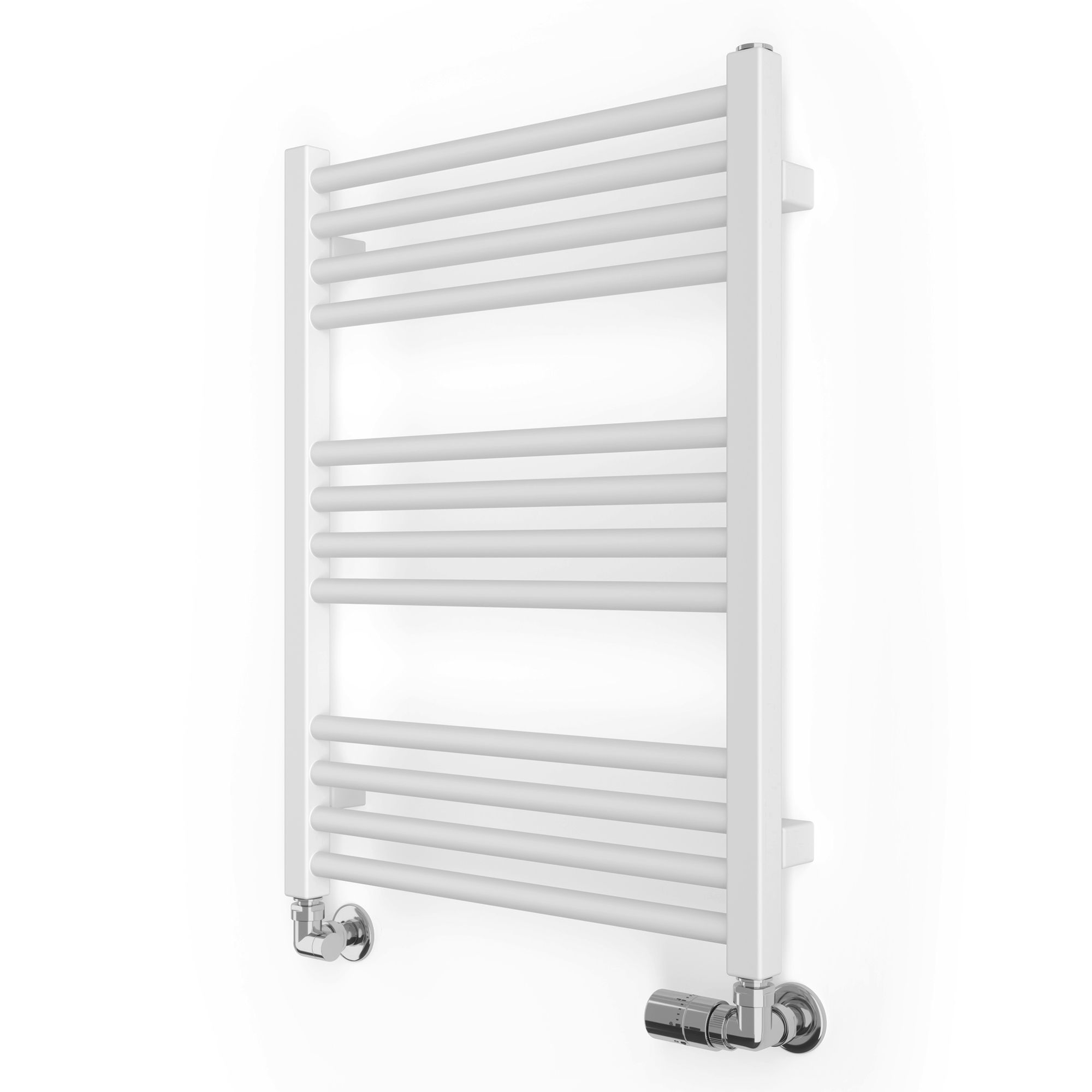 White flat towel warmer with six horizontal bars, made of metal, featuring a sleek design and chrome fittings, measuring 500mm wide by 660mm high.