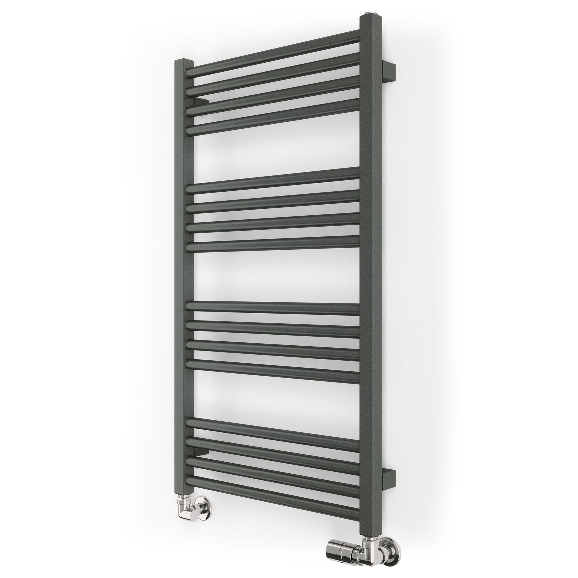 Terma Fiona heated towel rail in sparkling grey, featuring a sleek, modern design with multiple horizontal bars and chrome fittings, measuring 900mm by 500mm.