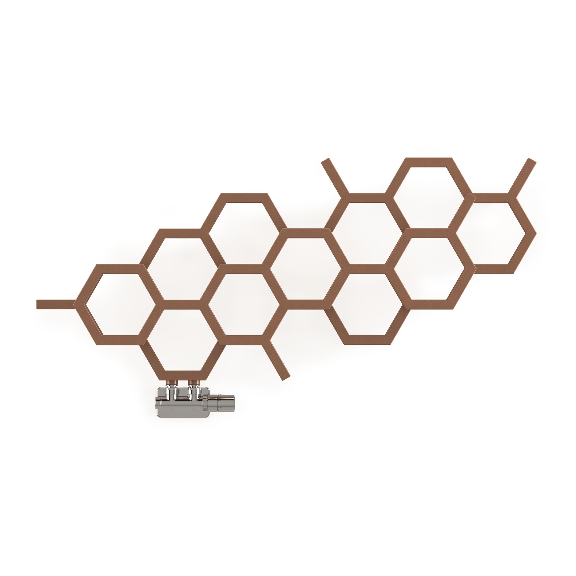 Bright copper radiator featuring a unique hexagonal design in a rich brown finish, with a sleek valve on one side for easy temperature control.