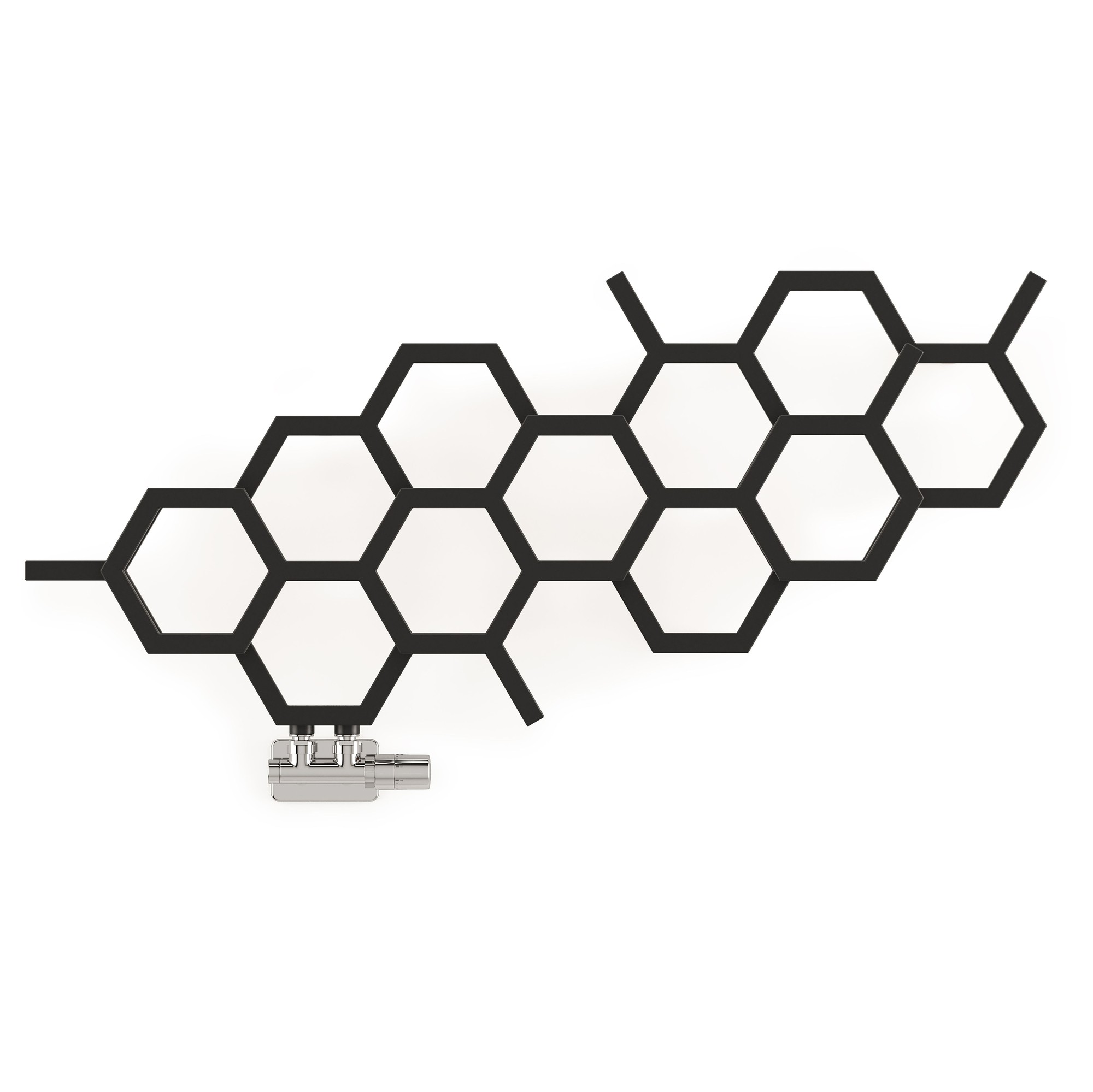 Hexagonal matte black radiator with a unique honeycomb design, featuring a chrome valve at the bottom, ideal for modern interiors.
