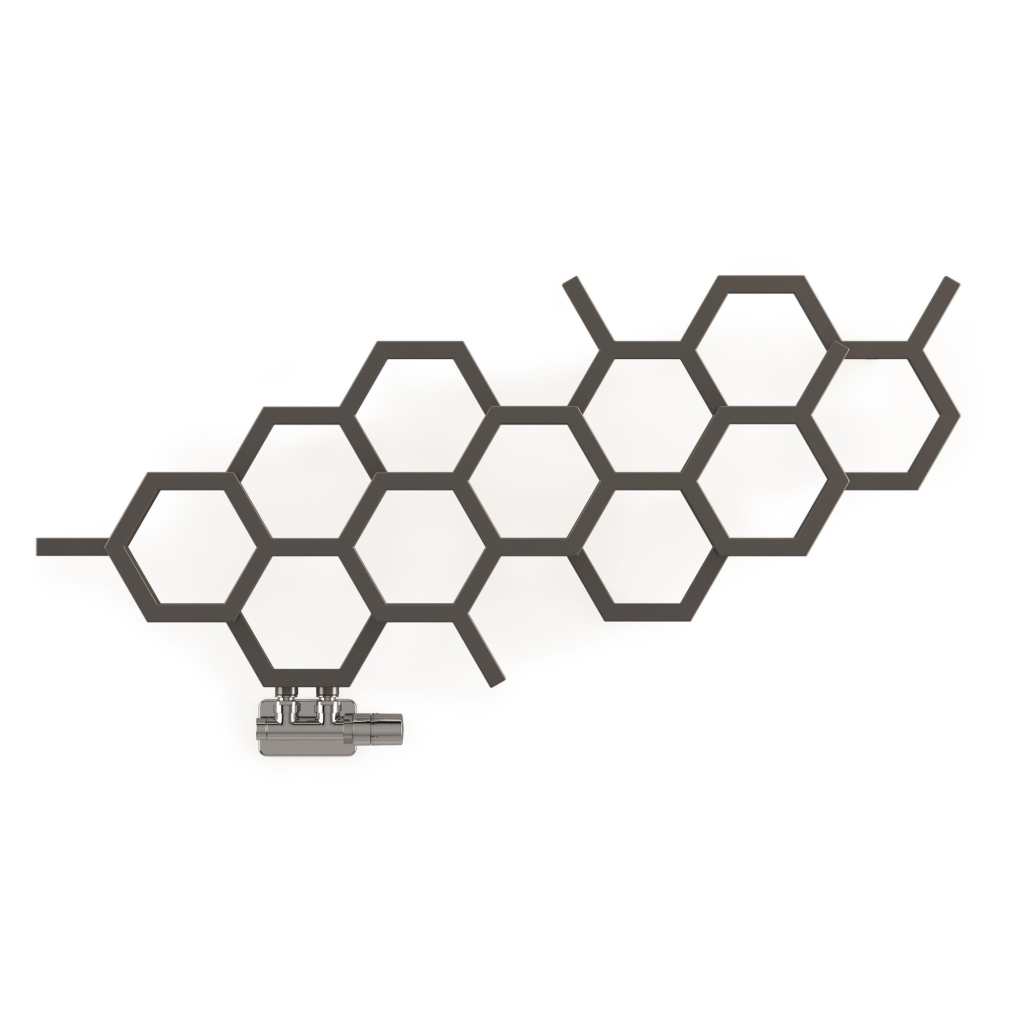 Hexagonal radiator in sparkling grey finish, featuring a modern design with a unique honeycomb pattern and a valve at the bottom for easy installation.