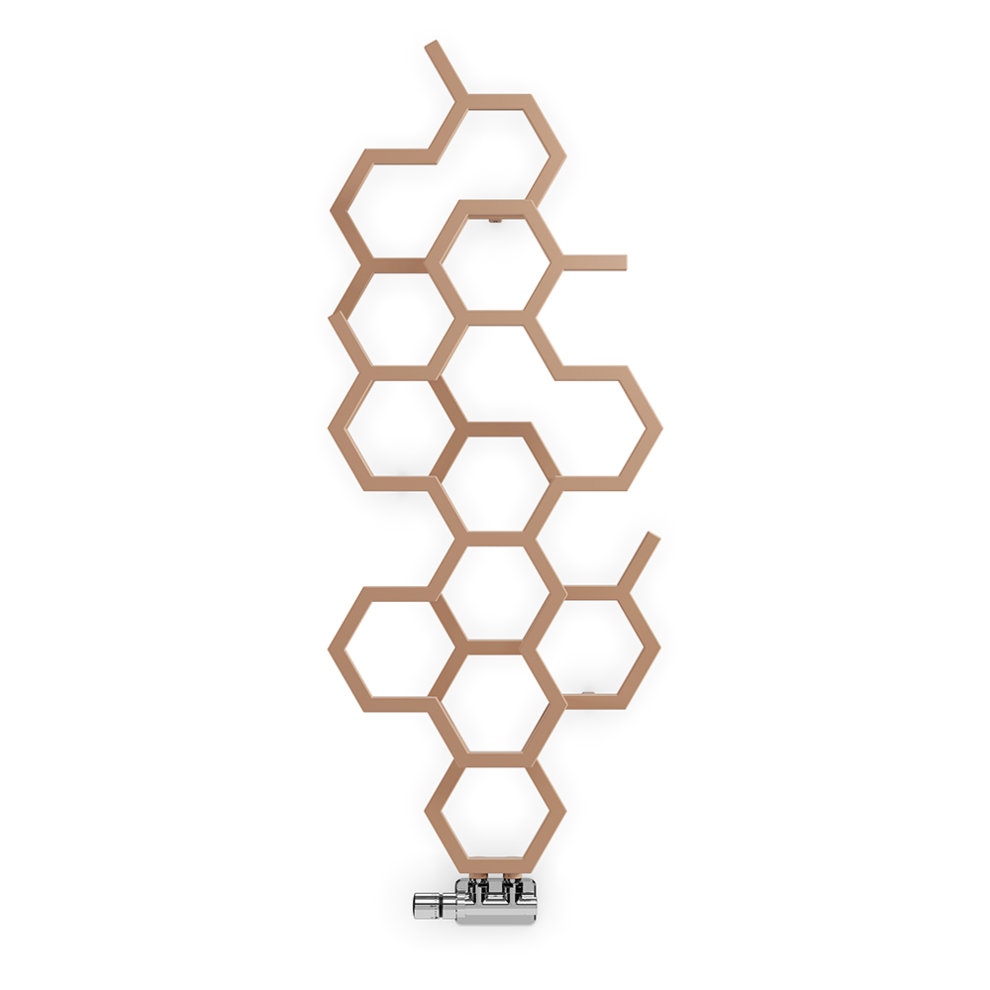 Copper vertical designer radiator featuring a unique hexagonal pattern, measuring 1200mm in height and 486mm in width, with a sleek chrome valve at the bottom.