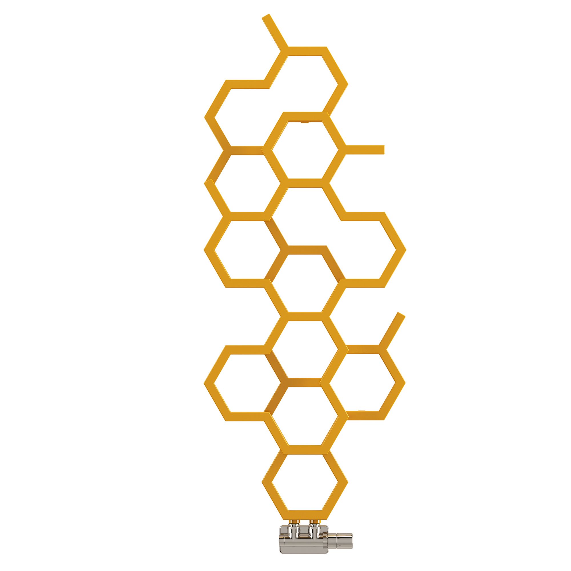 Mustard yellow hexagonal radiator with a modern design, featuring a sleek metal finish and a unique honeycomb structure, ideal for contemporary interiors.