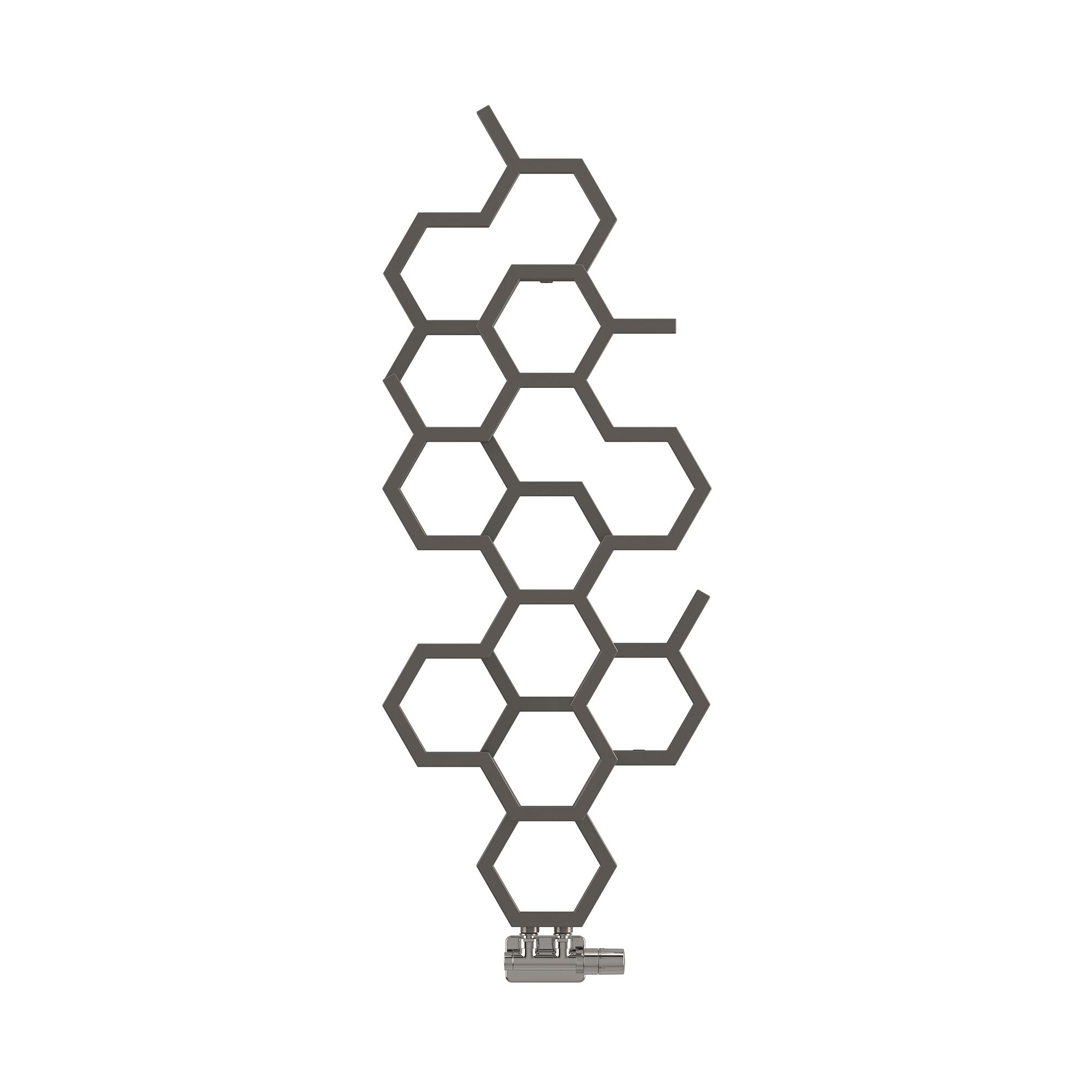 Stylish Terma radiator in sparkling grey, featuring a unique hexagonal design with a modern finish and a sleek valve at the bottom.