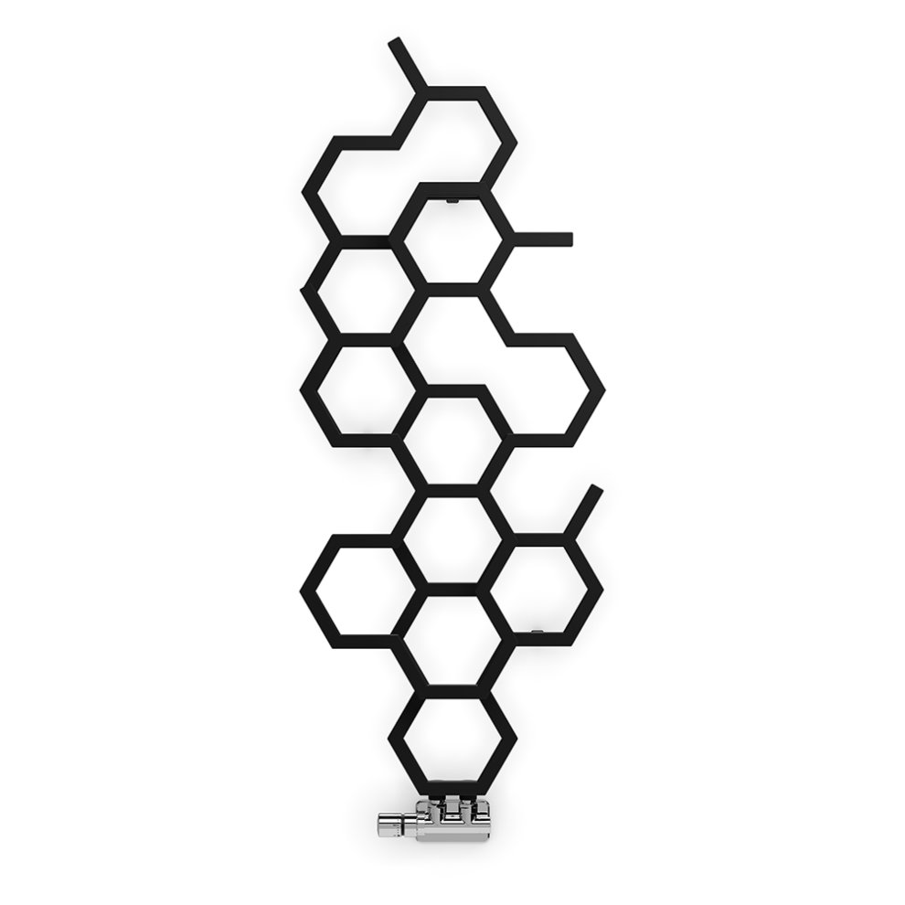 Black vertical designer radiator featuring a unique hexagonal pattern, made of metal, measuring H1200mm x W486mm, with a chrome valve at the bottom.