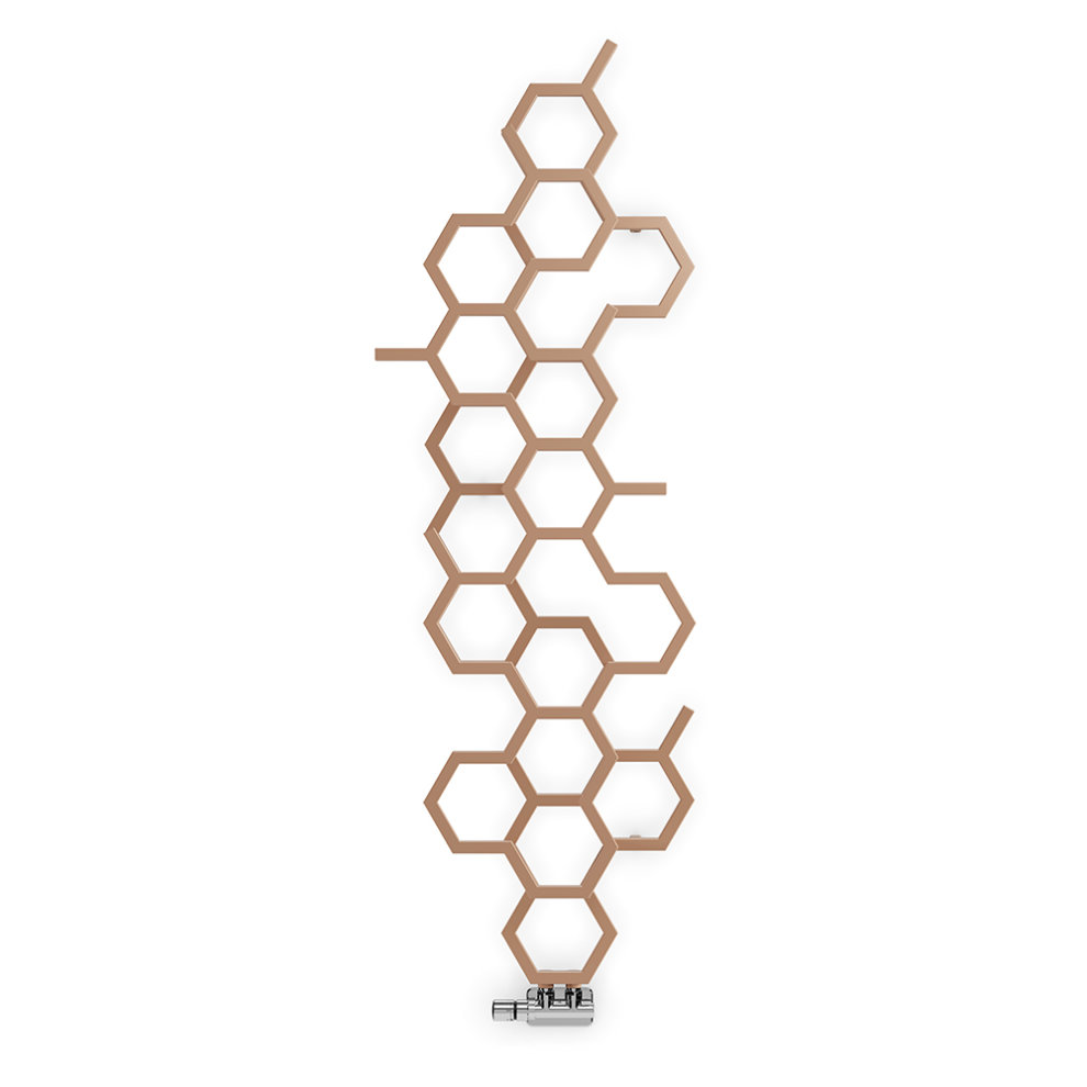 Bright copper hexagonal radiator with a modern design, featuring multiple interconnected hexagons and a sleek chrome valve at the bottom.