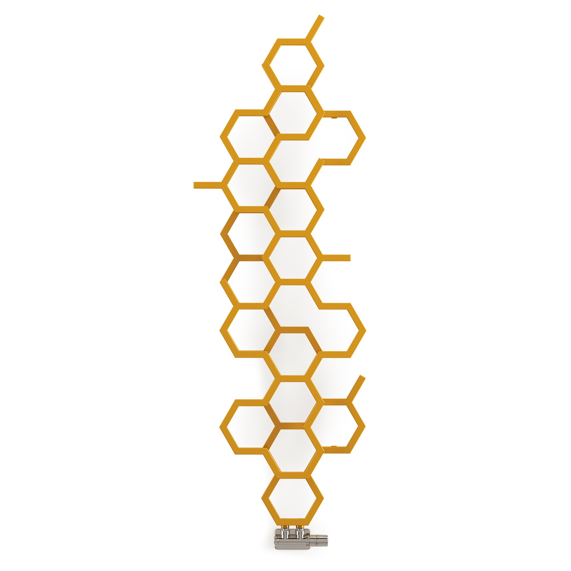 Mustard yellow hexagonal radiator with a unique honeycomb design, made of metal, featuring a sleek silver valve at the bottom for easy installation.