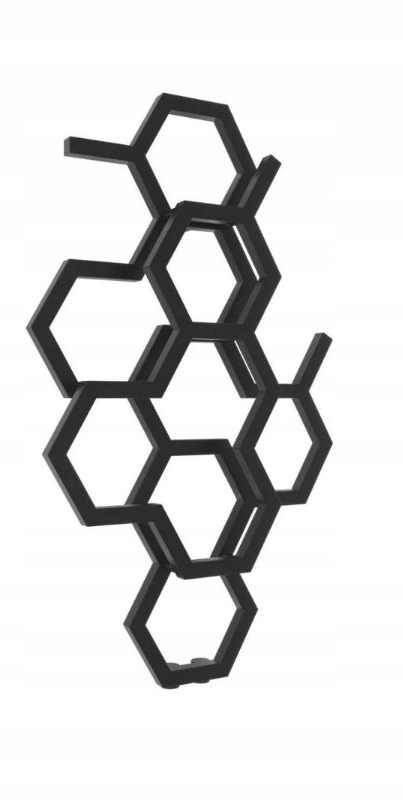 Black hexagonal bathroom radiator with a modern design, featuring interconnected honeycomb shapes, made from durable material, measuring 82x48 cm.