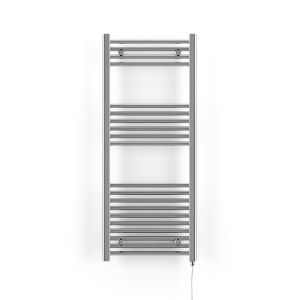 Chrome electric towel rail with a sleek silver finish, featuring multiple horizontal bars for hanging towels, designed for wall mounting.