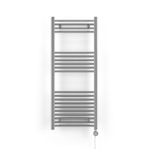 Chrome electric towel rail with a sleek silver finish, featuring multiple horizontal bars for hanging towels, and a power cord with a control switch on the side.