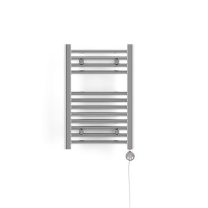 Chrome electric towel rail with a sleek, modern design featuring horizontal bars, measuring 600 x 400 mm, and a power cord on the right side.