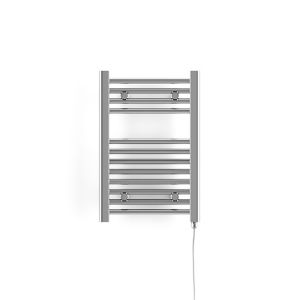 Chrome and silver electric towel rail with a sleek design, featuring multiple horizontal bars for hanging towels, and a power cord on the side.