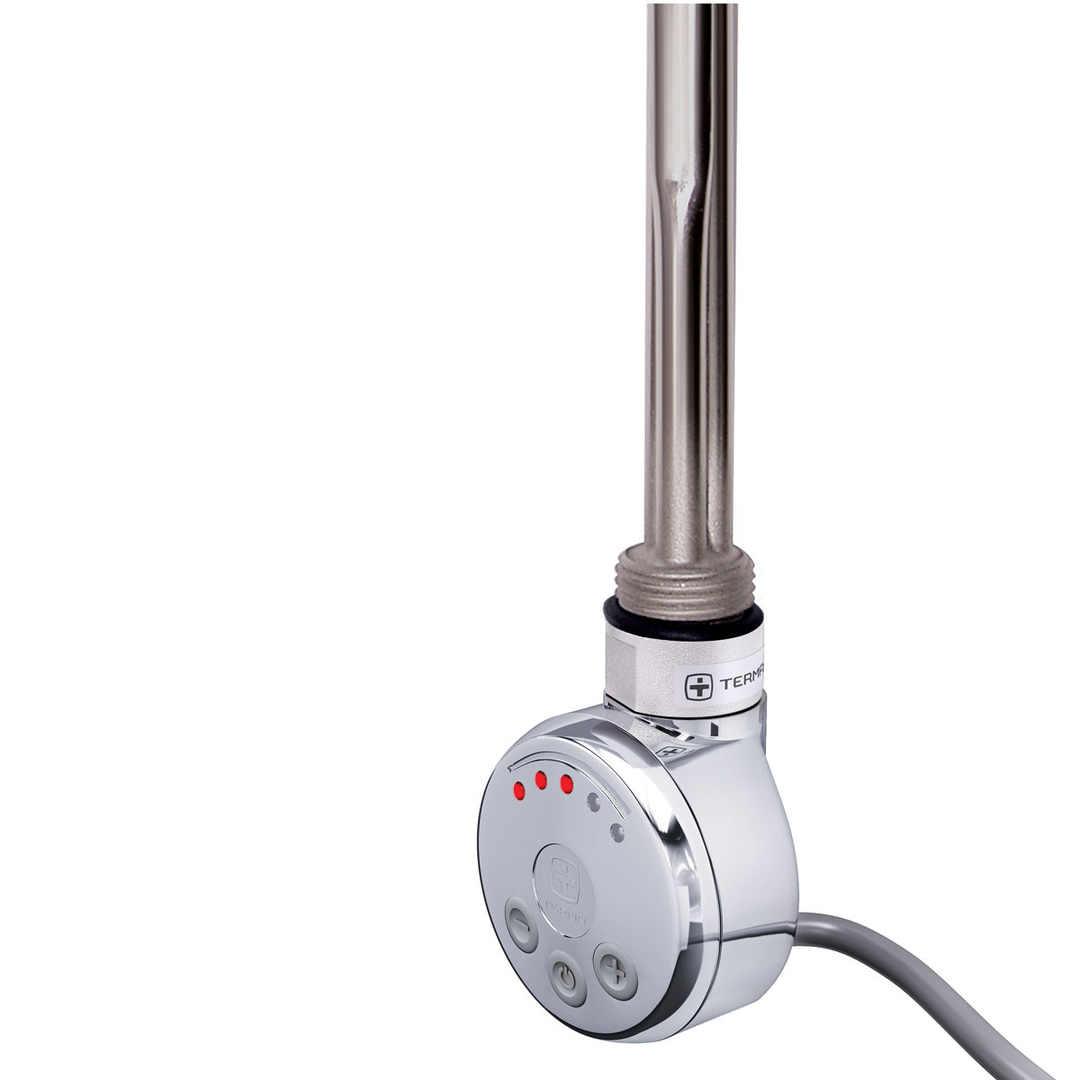 Chrome thermostatic heating element with a sleek design, featuring a circular control unit, three buttons, and indicator lights, mounted on a stainless steel tube.