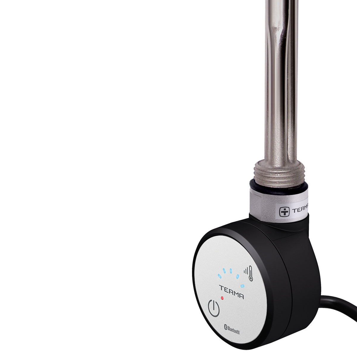 Black thermostatic heating element with a sleek design, featuring a circular control panel with Bluetooth connectivity, temperature indicators, and a metallic heating rod.