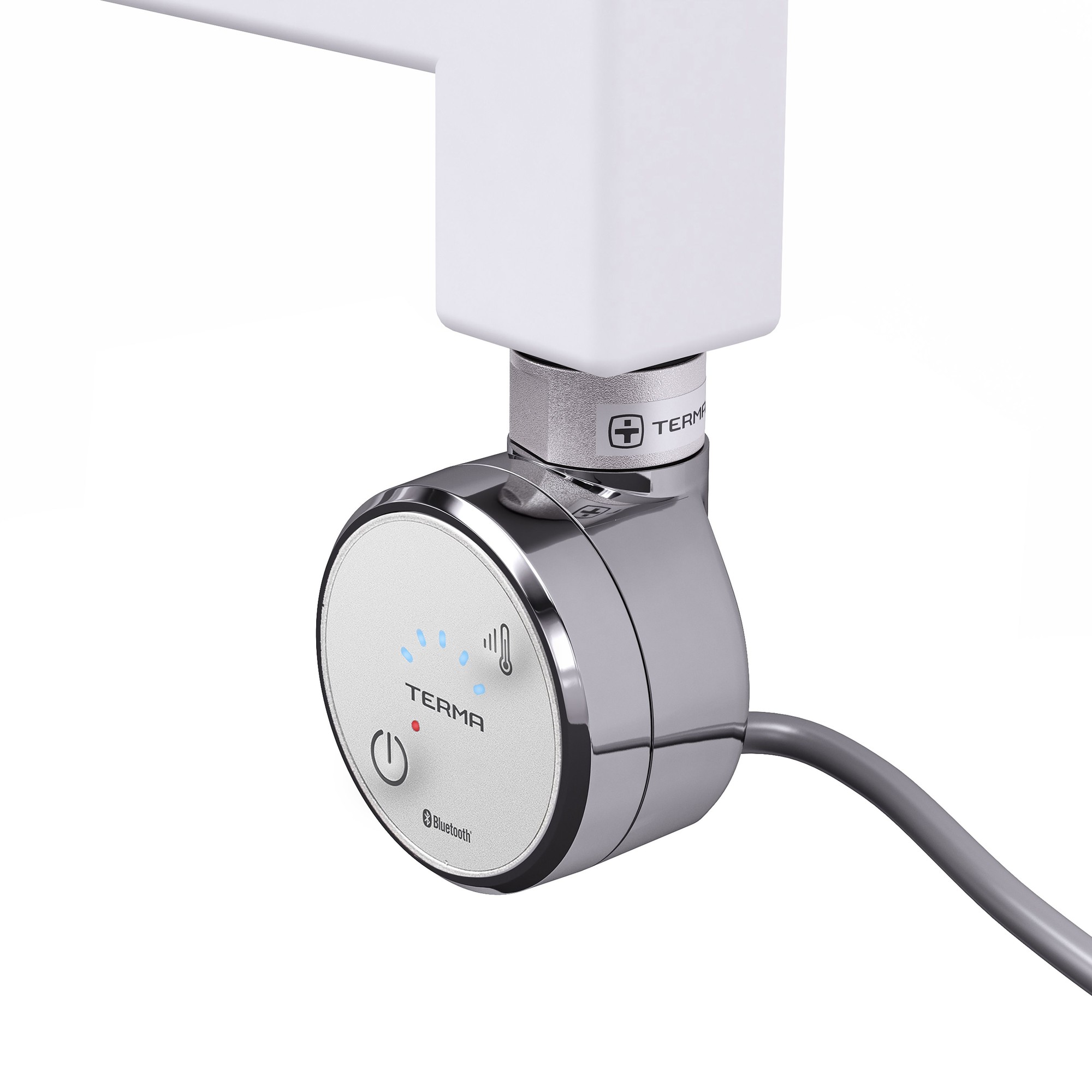Chrome thermostat with a circular design, featuring a blue LED temperature display and control dial, attached to a white heating element by Terma.