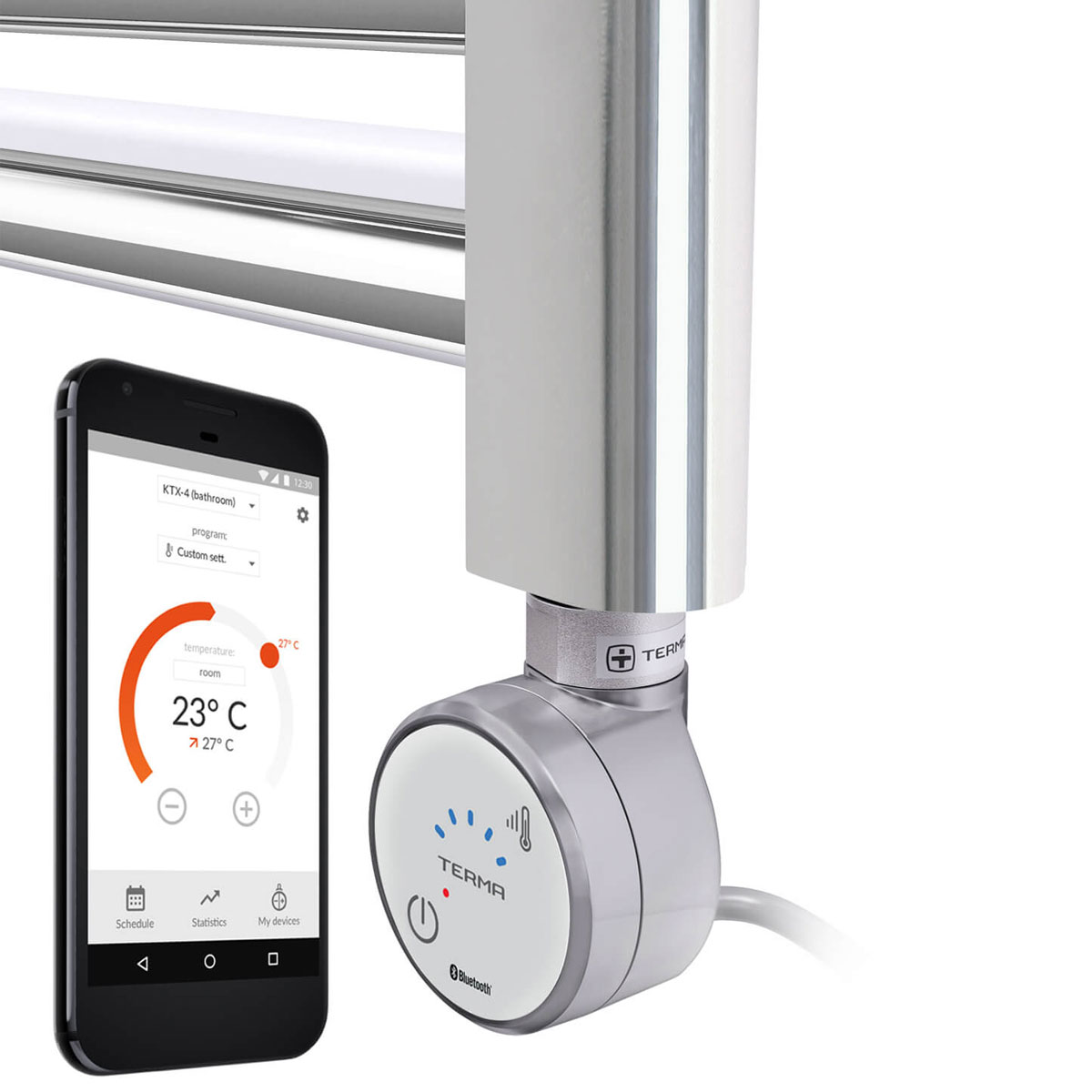 Silver thermostatic heating element with a sleek design, featuring a digital control interface and Bluetooth connectivity, displayed alongside a smartphone app showing temperature settings.