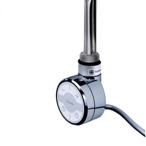 Grey Terma MEG fully thermostatic heating element with a sleek chrome control unit featuring buttons for temperature adjustment and a power cord.