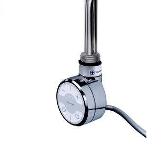 Chrome-finished thermostatic heating element with a sleek design, featuring a circular control panel and a ½" BSP connection, designed for efficient heating.