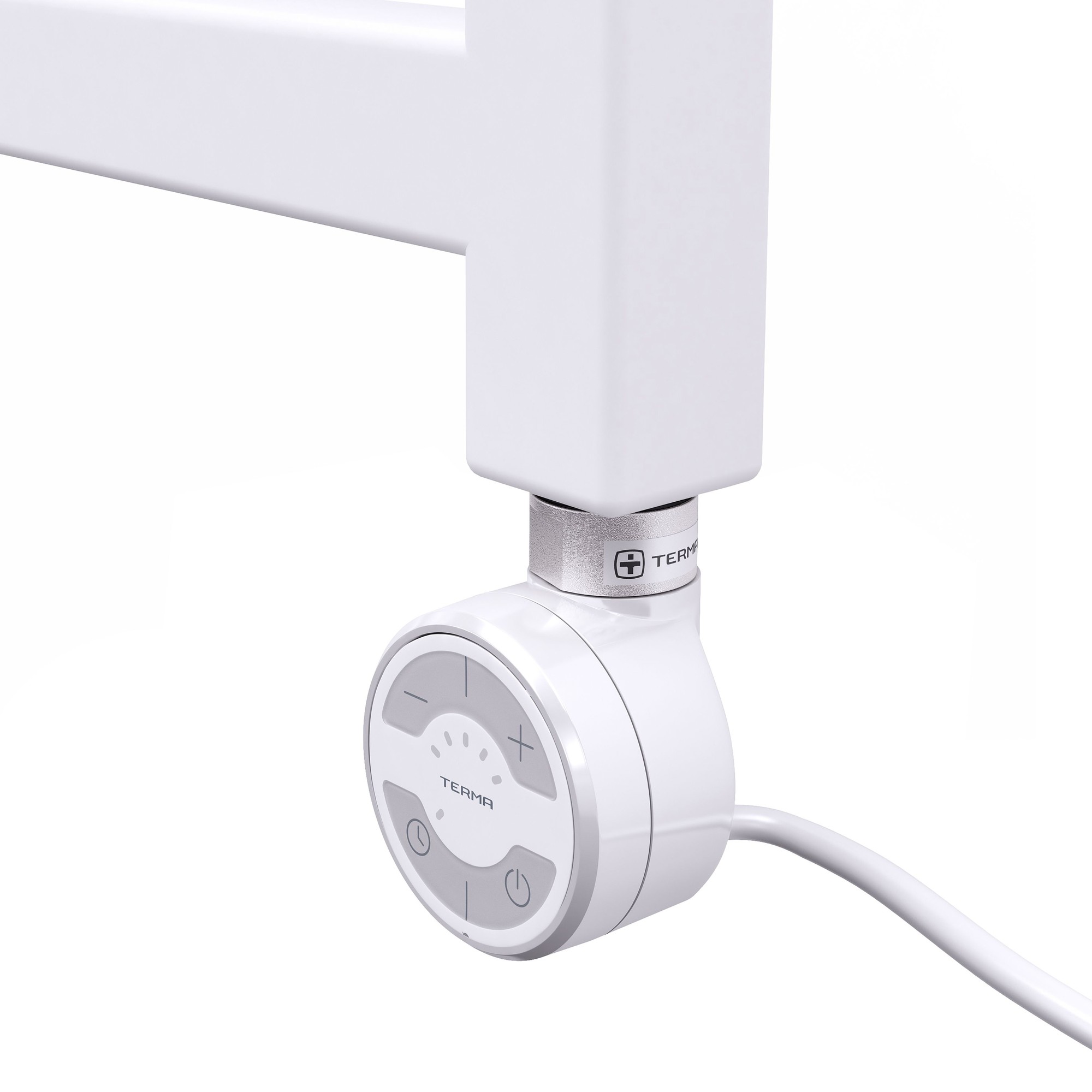 White 1200W thermostat temperature control dry heating element with a sleek design, featuring a round control panel and a white cable, mounted on a modern frame.