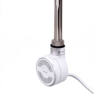 Terma 200W thermostatic heating element with a stainless steel tube, white control unit featuring buttons for temperature adjustment and a ½" BSP connection.